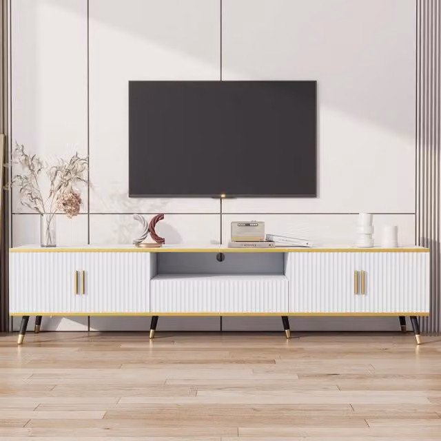 Mobile TV Minimal con effetto marmo bianco e dettagli oro, ideale per schermi fino a 90 pollici, L: 200 cm, P: 40 cm, H: 46 cm