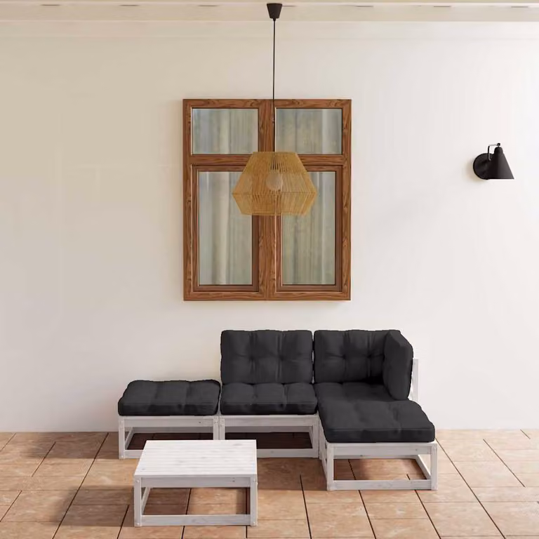 Set Divani da Giardino vidaXL 5 Pezzi in Legno di Pino con Cuscini Imbottiti e Tavolino Moderno a Forma di L