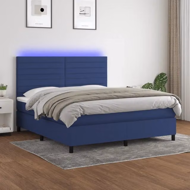 Letto a molle con materasso vidaXL in tessuto blu e bianco con illuminazione LED sottostante e porta USB, L/P/H: 160 x 200 x 118 cm