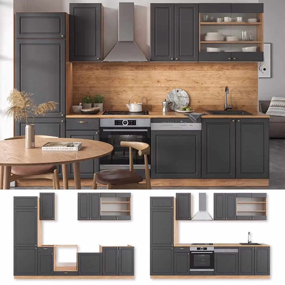 Cucina componibile Fame-Line Vicco colore Antracite e Rovere dorato con piano in marmo, L: 300 cm, H: 201,4 cm, P: 60 cm – 2
