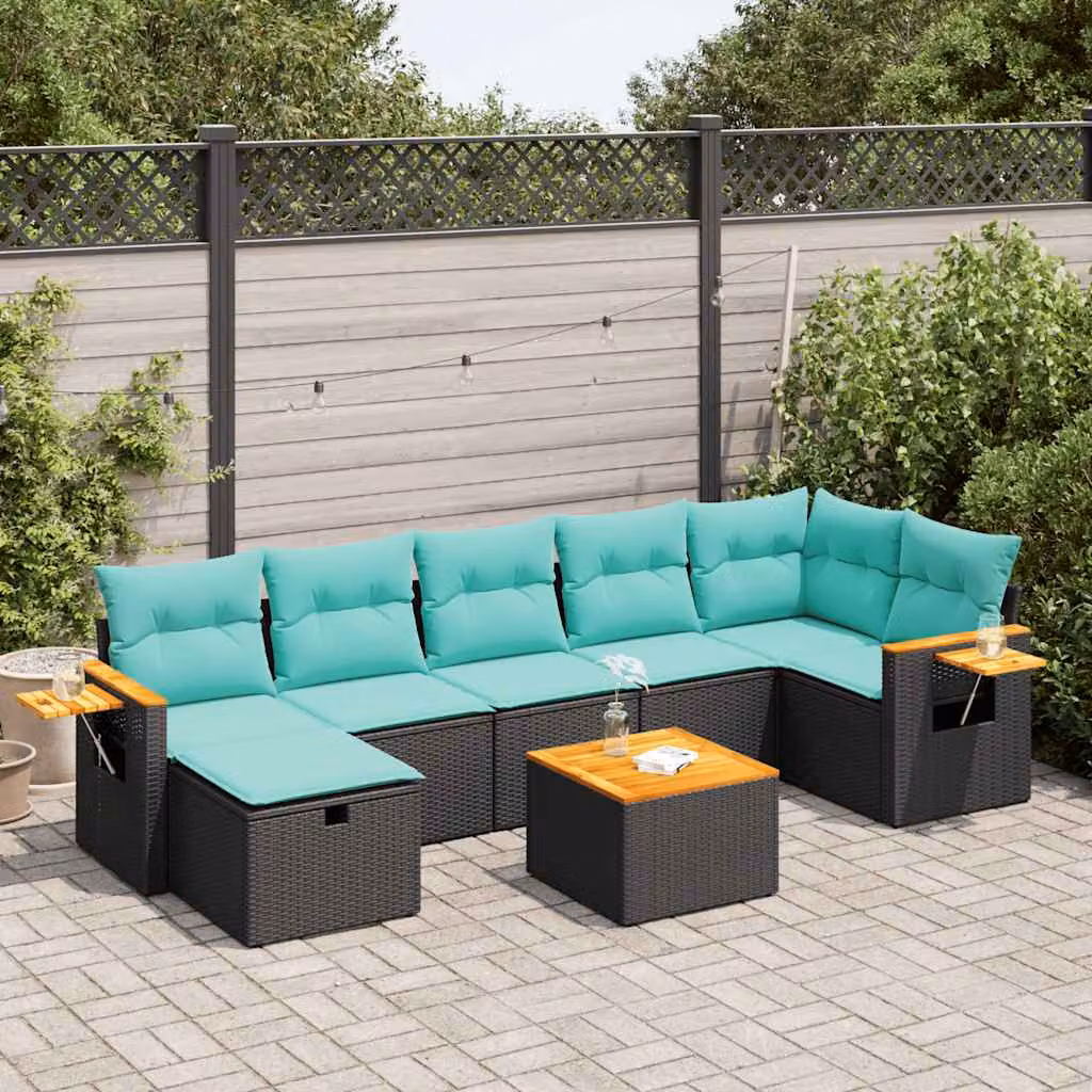 Set Divani da Giardino a L vidaXL in Polyrattan con 8 Pezzi e Cuscini, Nero