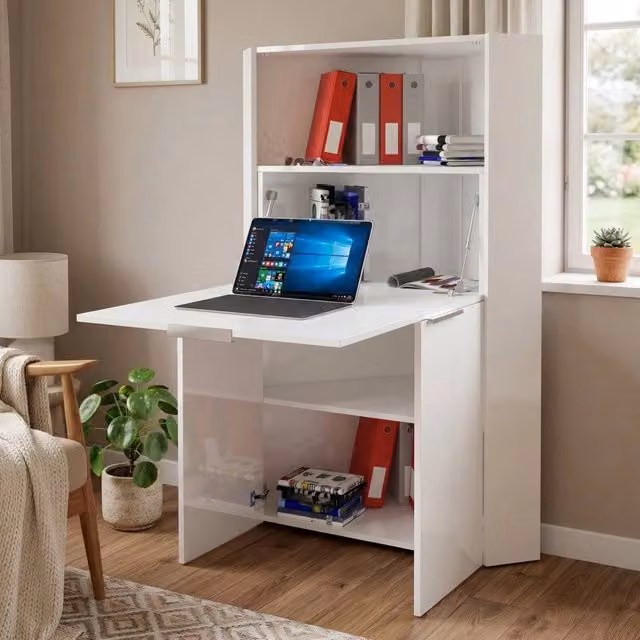 DMORA Scrivania a secretaire moderna con piano ribaltabile Bianco Lucido L 70 cm, P 35 cm, H 140 cm – 1