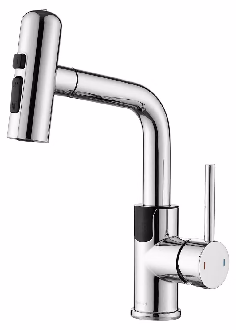 Miscelatore da lavabo con LED, estraibile, rotazione a 360°, 4 tipi di getto, cromato