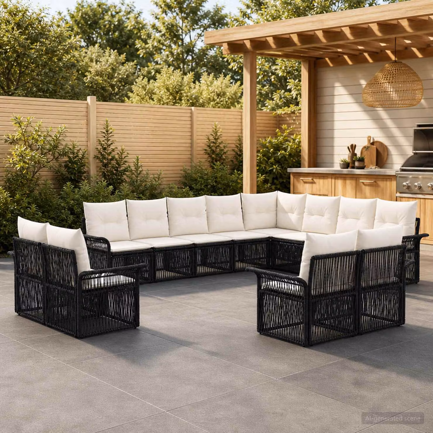 Set Divano da Giardino a L vidaXL in Polyrattan con Cuscini, Nero e Bianco Crema