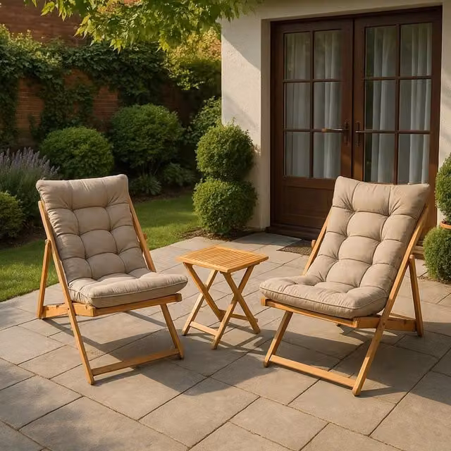 Set Salotto da Esterno Leni DMORA con Divano a 2 Posti e Tavolino, Legno Massello e Cuscini, Marrone e Beige