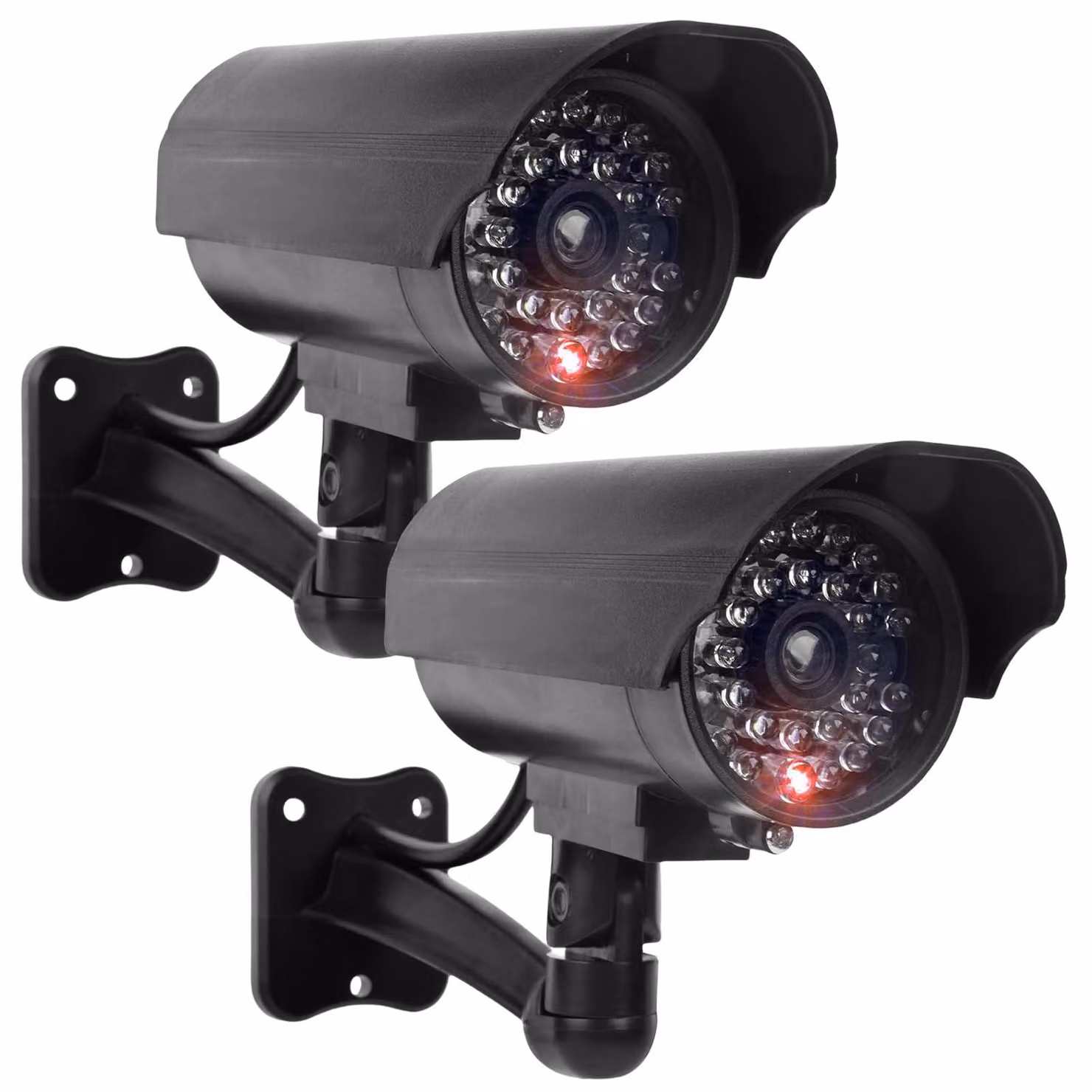 2 telecamere finte per esterni, con LED lampeggiante di colore rosso e adesivi di avvertimento