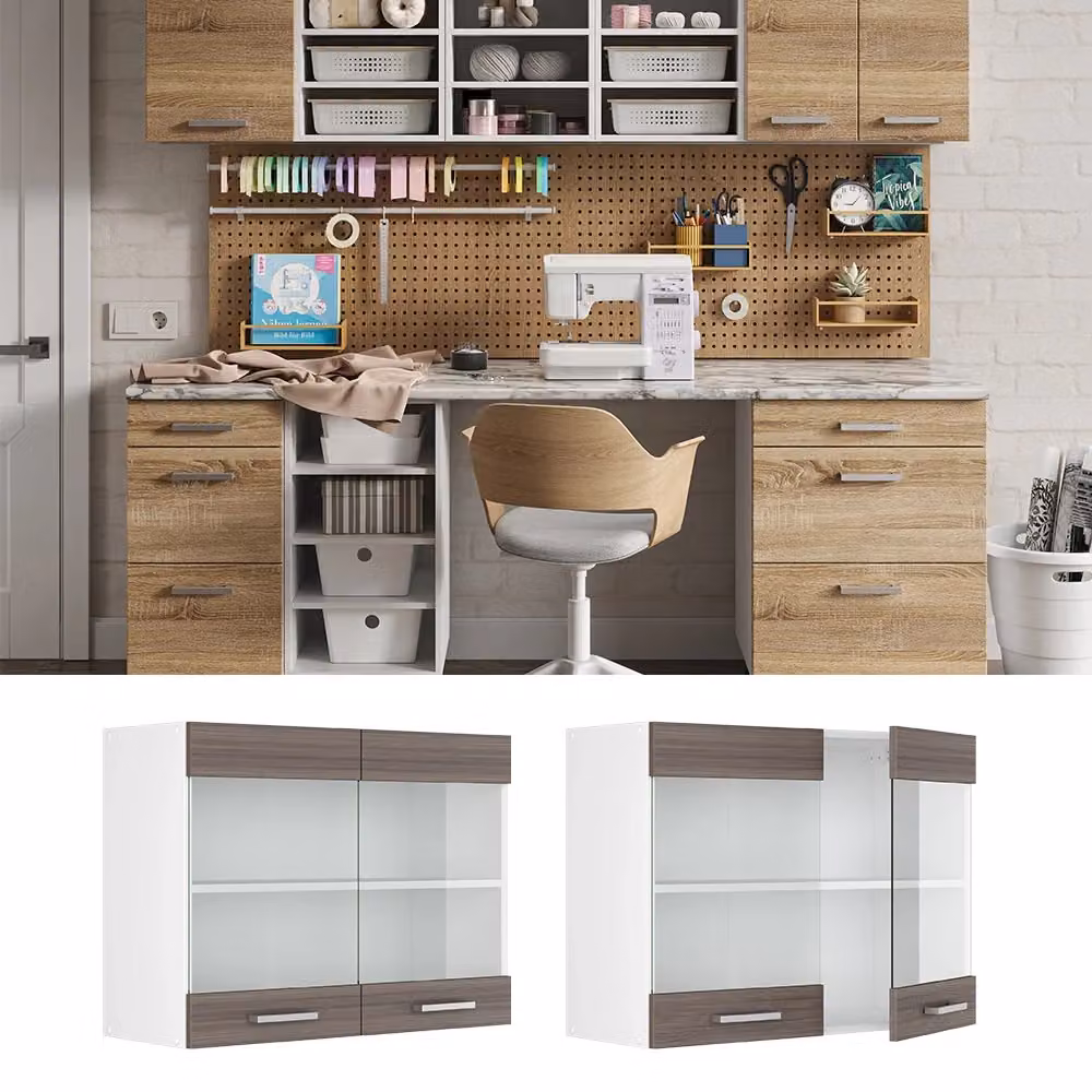 Pensile da cucina Vicco R-Line con ante in vetro, Grigio e Bianco, L: 80 cm, H: 60 cm, P: 31 cm – 2