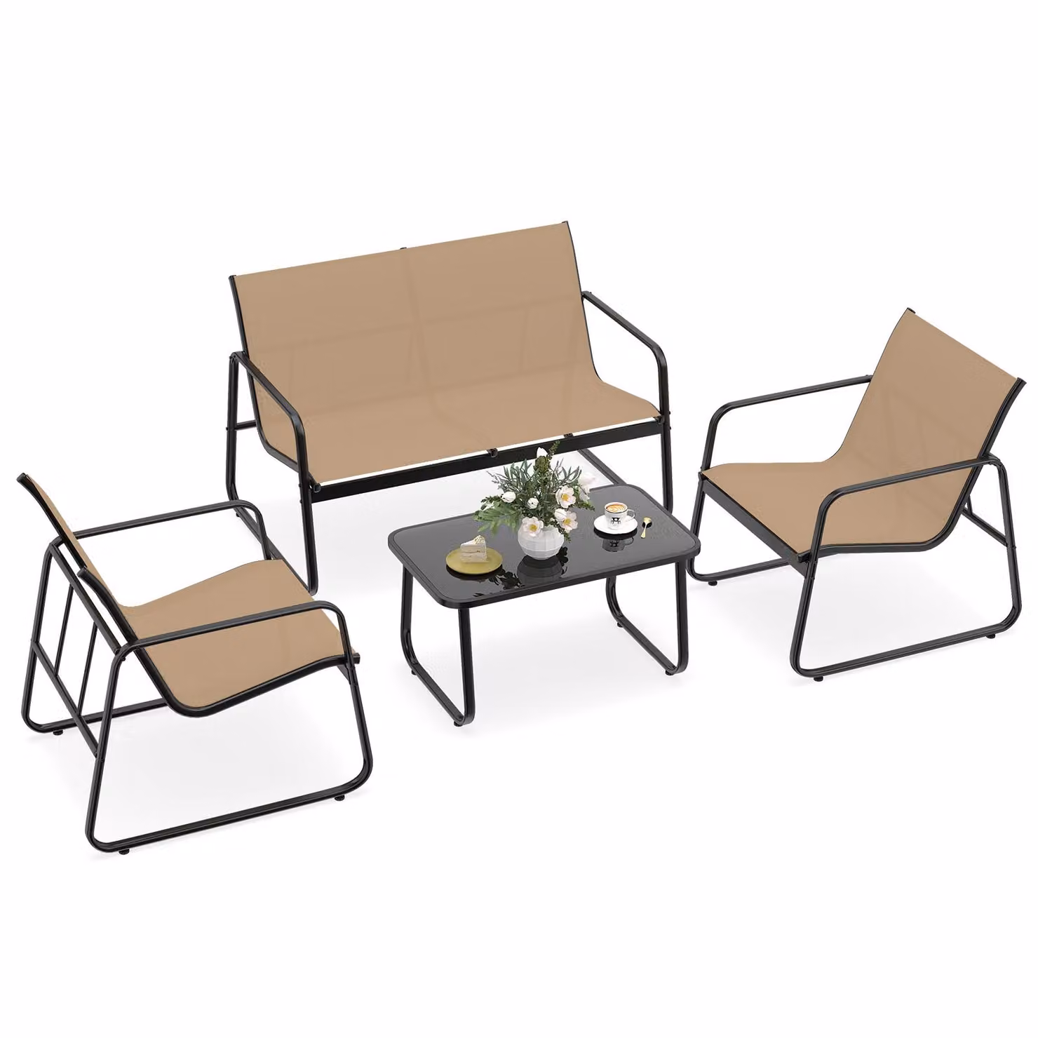 COSTWAY Set di mobili da giardino 4 pezzi, mobili da terrazza con tessuto traspirante, set di sedute, set da giardino, set di sedute incl. 2 sedie, panca e tavolo marroni