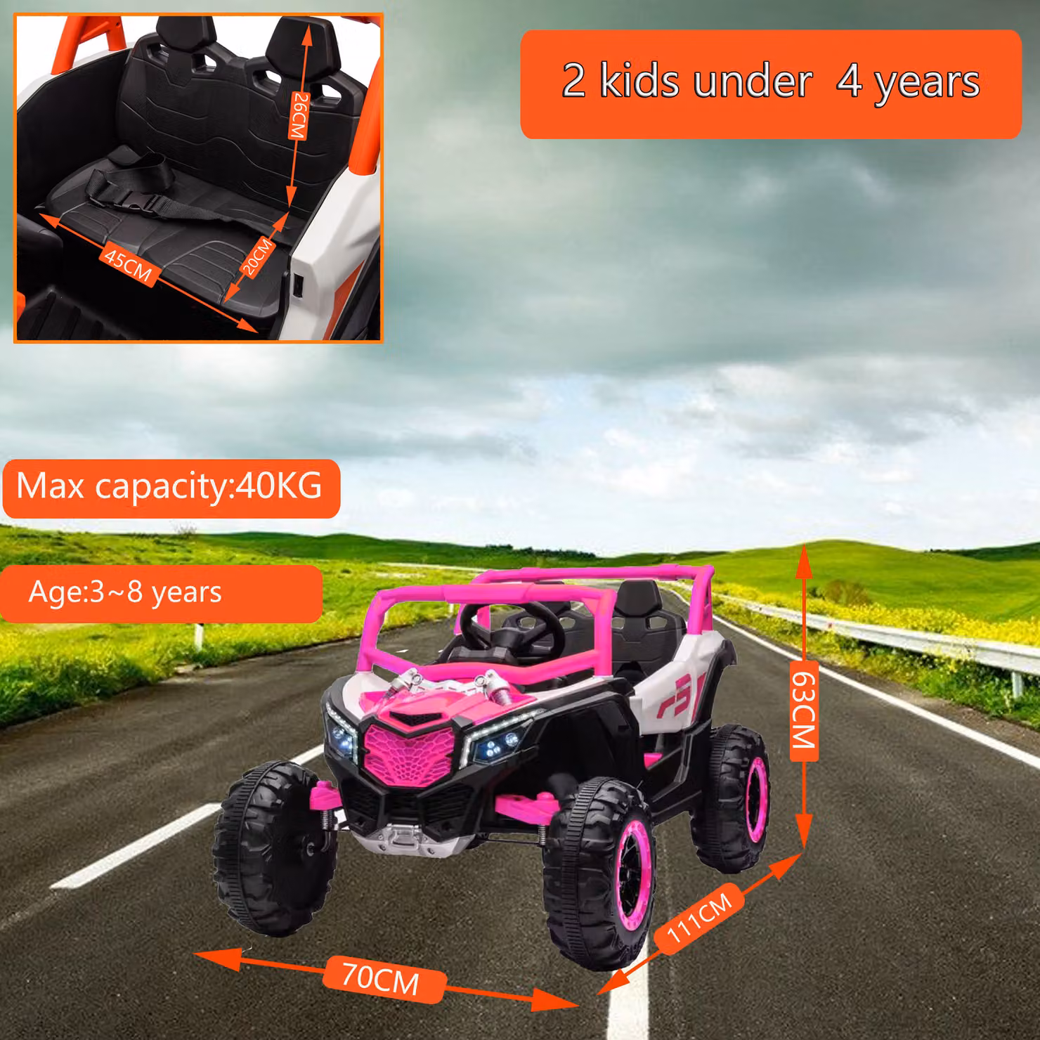 Veicolo elettrico a 2 posti per bambini Aosom, 12V, con ammortizzazione anteriore e posteriore e funzione d'oscillazione, Rosa+Bianco, L 111 cm x P 70 cm x H 63 cm – 2