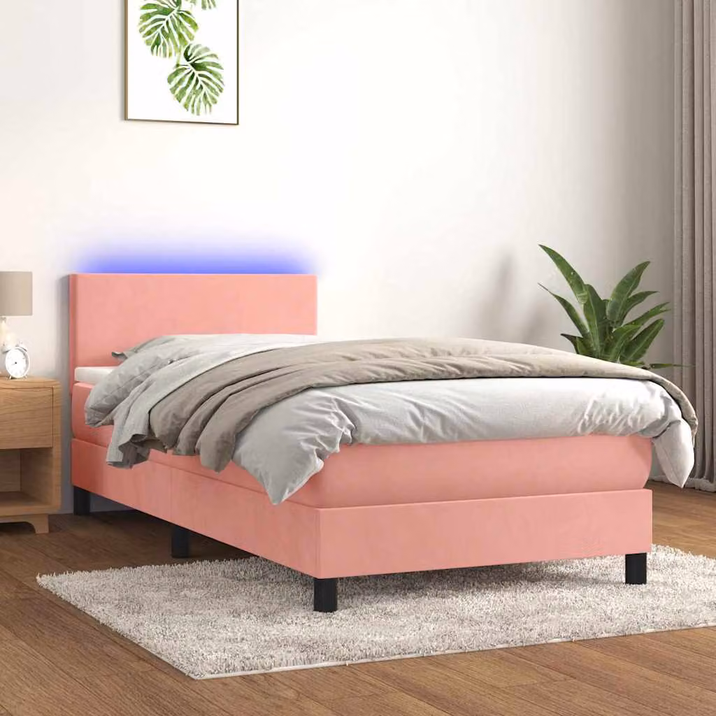 Letto Ibrido vidaXL in Velluto Rosa con Materasso, Illuminazione LED Sotto il Letto e Porte USB, L/P/H: 80 x 200 cm – 1