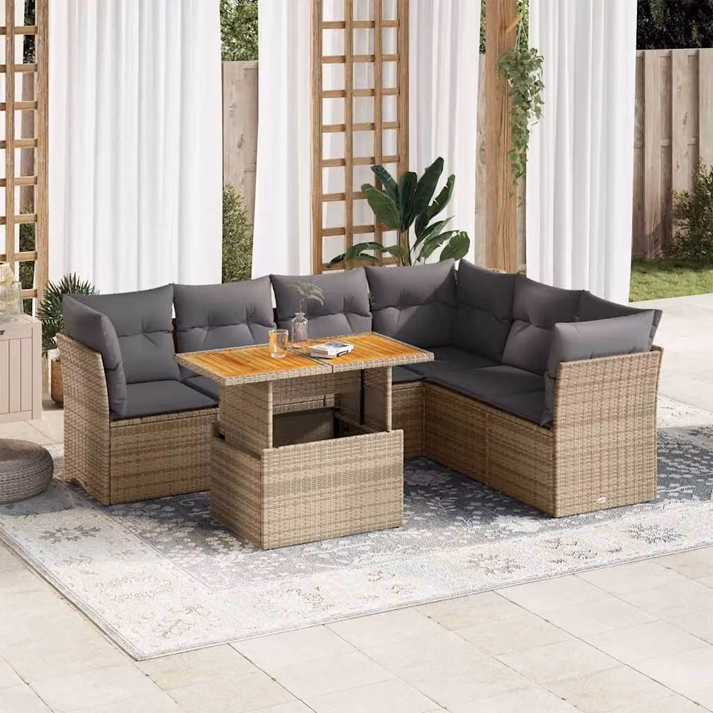 Set Divani da Giardino vidaXL 7 pz in Polyrattan con Cuscini Beige e Tavolino da Esterno a Forma di L