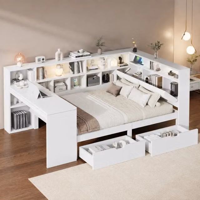 Letto a piattaforma angolare in legno bianco 140x200 cm con scrivania integrata, libreria, cassetti e testiera imbottita con LED
