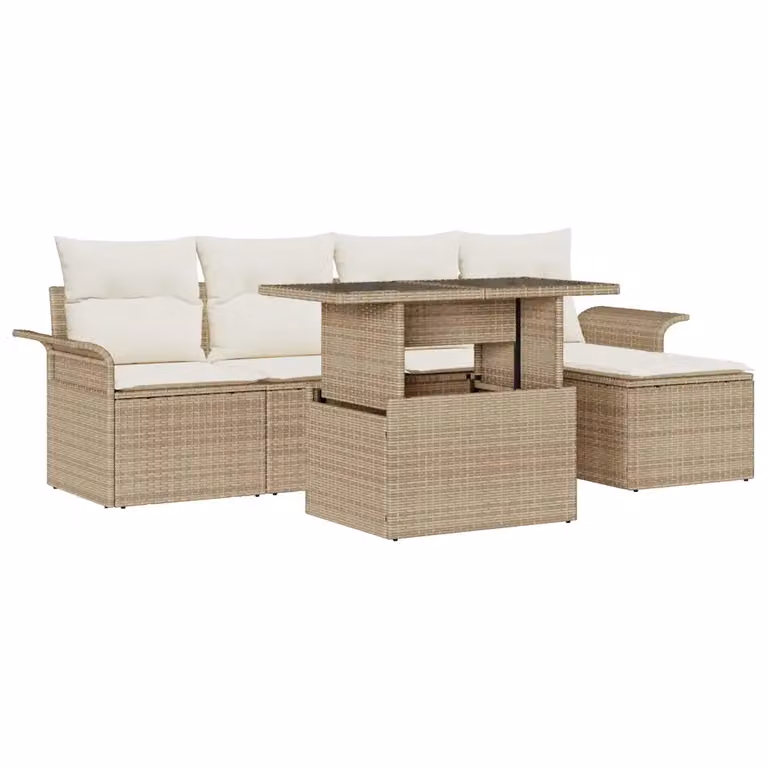 Set Divano da Giardino a L vidaXL in Polyrattan Beige con Cuscini e Tavolino da Esterno 6 Pezzi