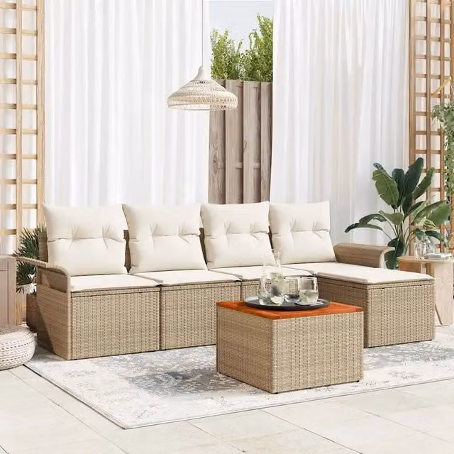 Set Divano da Giardino a L vidaXL con 6 Pezzi, Colore Beige e Bianco, con Cuscini e Tavolino da Esterno
