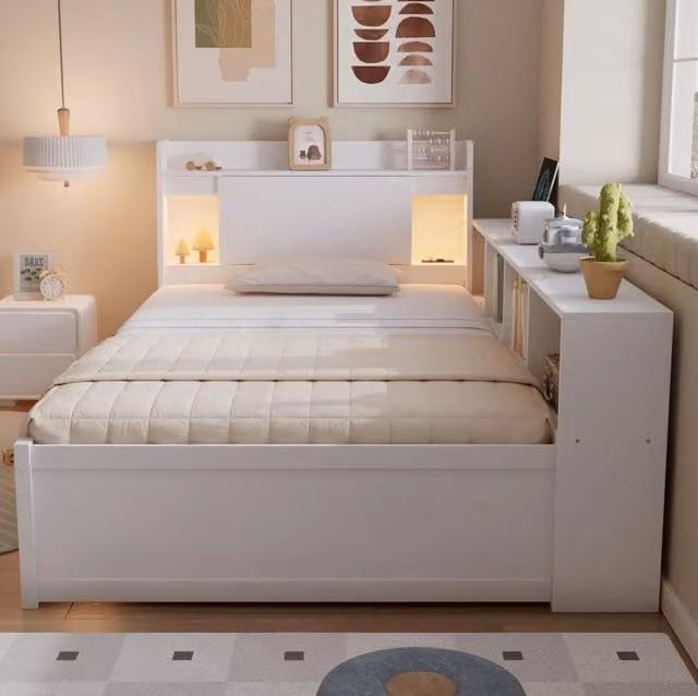 Letto singolo bianco 90x200 cm con luci, presa di ricarica e contenitori