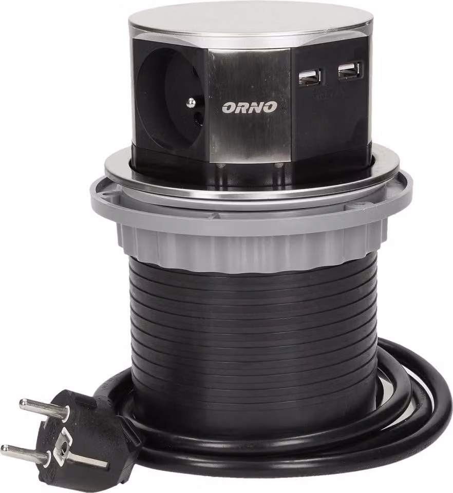 Blocco prese rotondo ORNO OR-AE-1381, 3x presa, 2x ricarica USB, acciaio inox, cavo 1,5 m