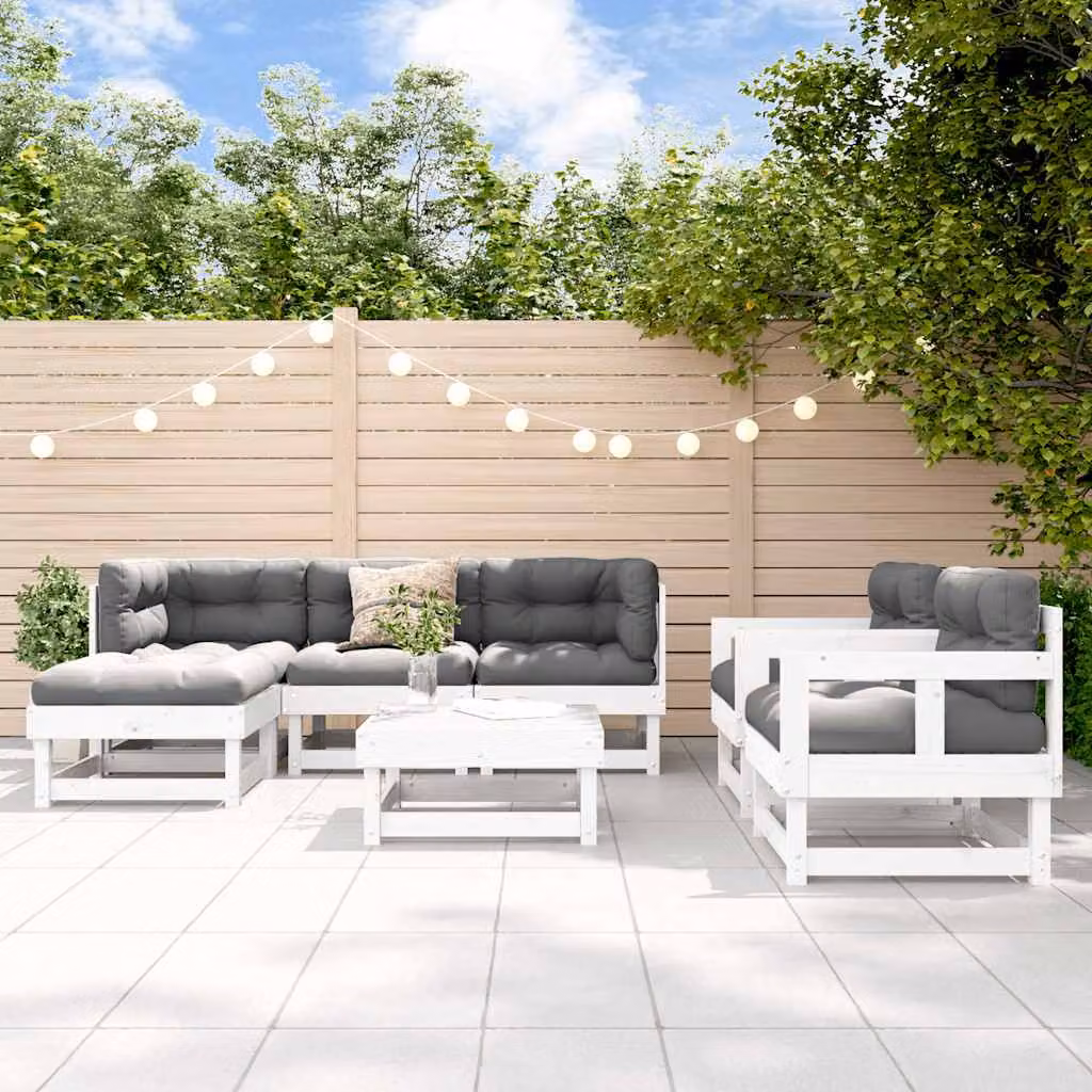 Set Salotto da Giardino vidaXL 7 pz in Legno di Pino Bianco con Cuscini e Design a L