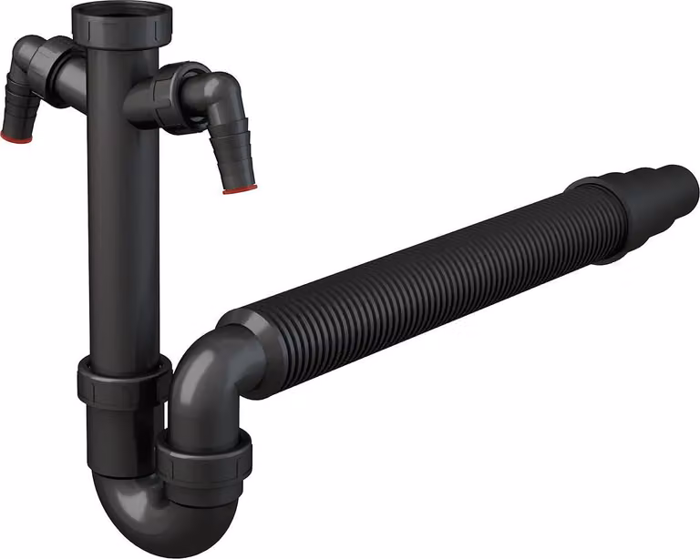 Sifone per lavello Alcadrain, modello DN 50/40, con due raccordi per elettrodomestici di diametro Ø 17–23 mm, raccordo a vite G 6/4" e tubo flessibile