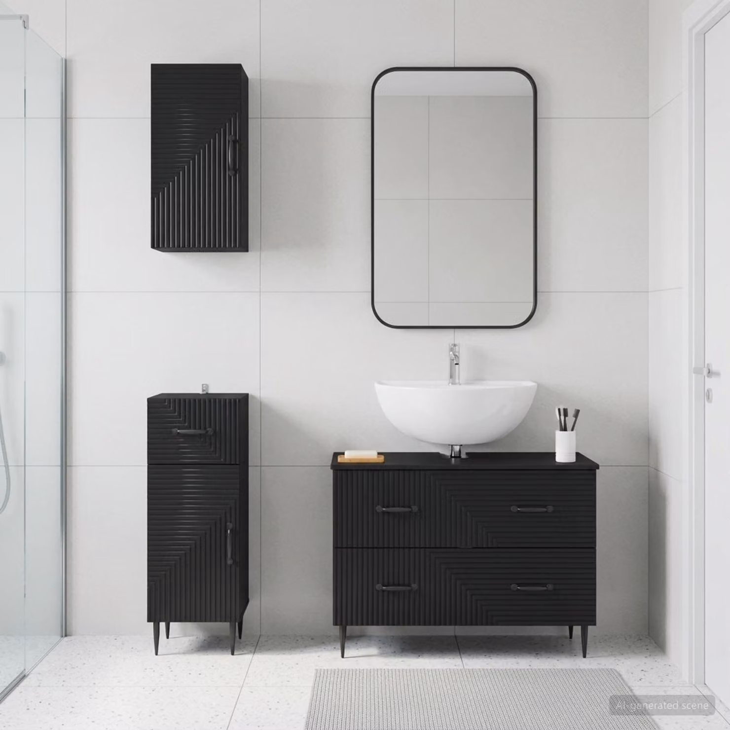Set di armadietti da bagno moderni vidaXL HAARLEM in 3 pezzi, colore nero opaco, con mobile lavabo, pensile e mobile laterale in legno e MDF