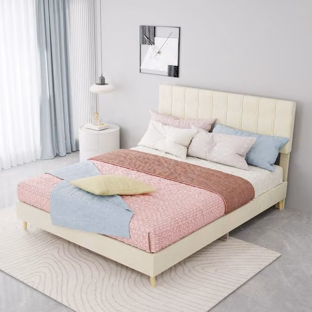 Letto moderno in velluto beige CIPACHO con struttura in legno L/P: 140 x 200 cm
