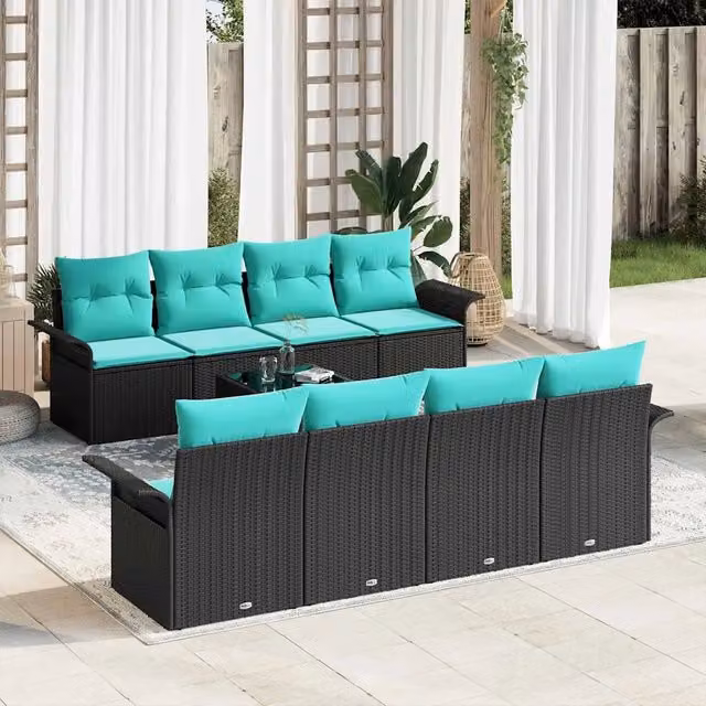 Set Divano da Giardino 9 pz Nero e Turchese polyrattan 3353965