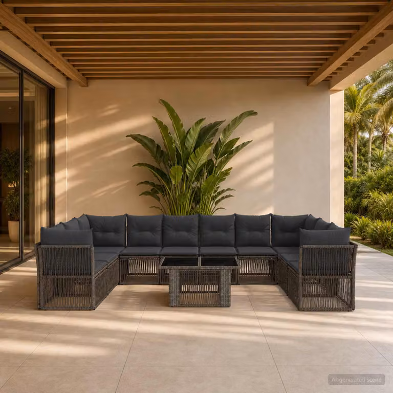 Set Divano da Giardino vidaXL 11 pz Grigio con Tavolino e Cuscini in Polyrattan e Acciaio
