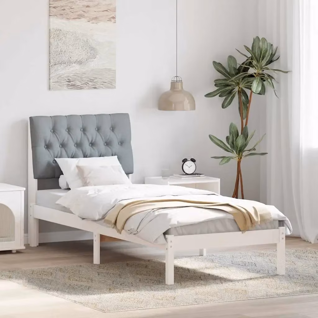 Letto singolo moderno con testiera rivestita in tessuto e struttura in legno di pino, L/P/H: 207 x 151 x 80,5 cm, disponibile in bianco o grigio – 2