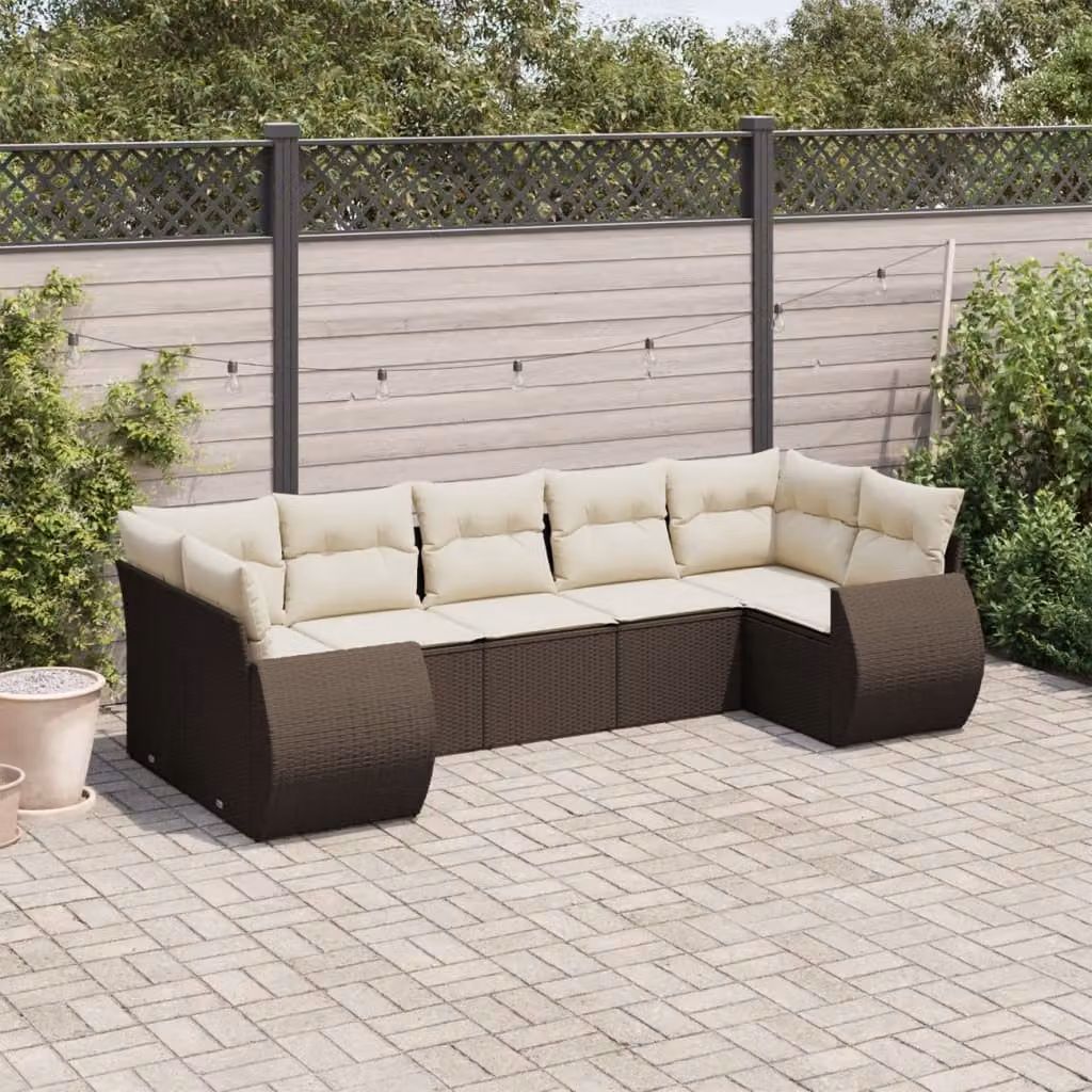 Set di divani da giardino vidaXL 7 pezzi in polyrattan marrone e bianco con cuscini imbottiti e coperture rimovibili – 1
