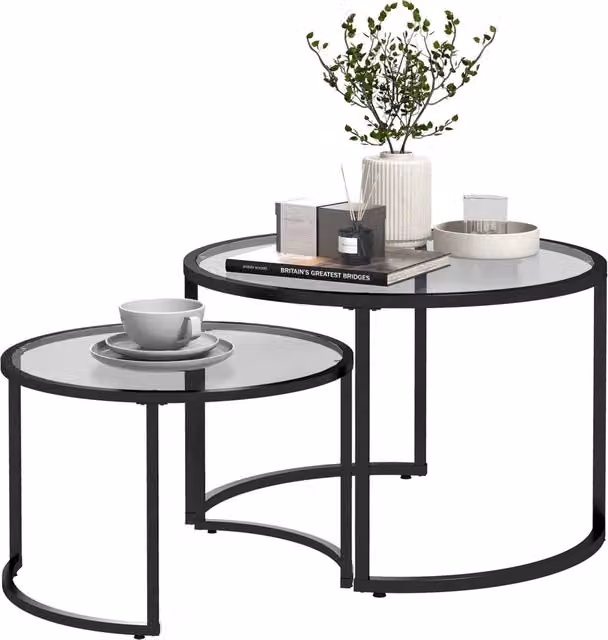 Tavolino da caffè Minimal moderno con piano in vetro nero e trasparente, forma rotonda