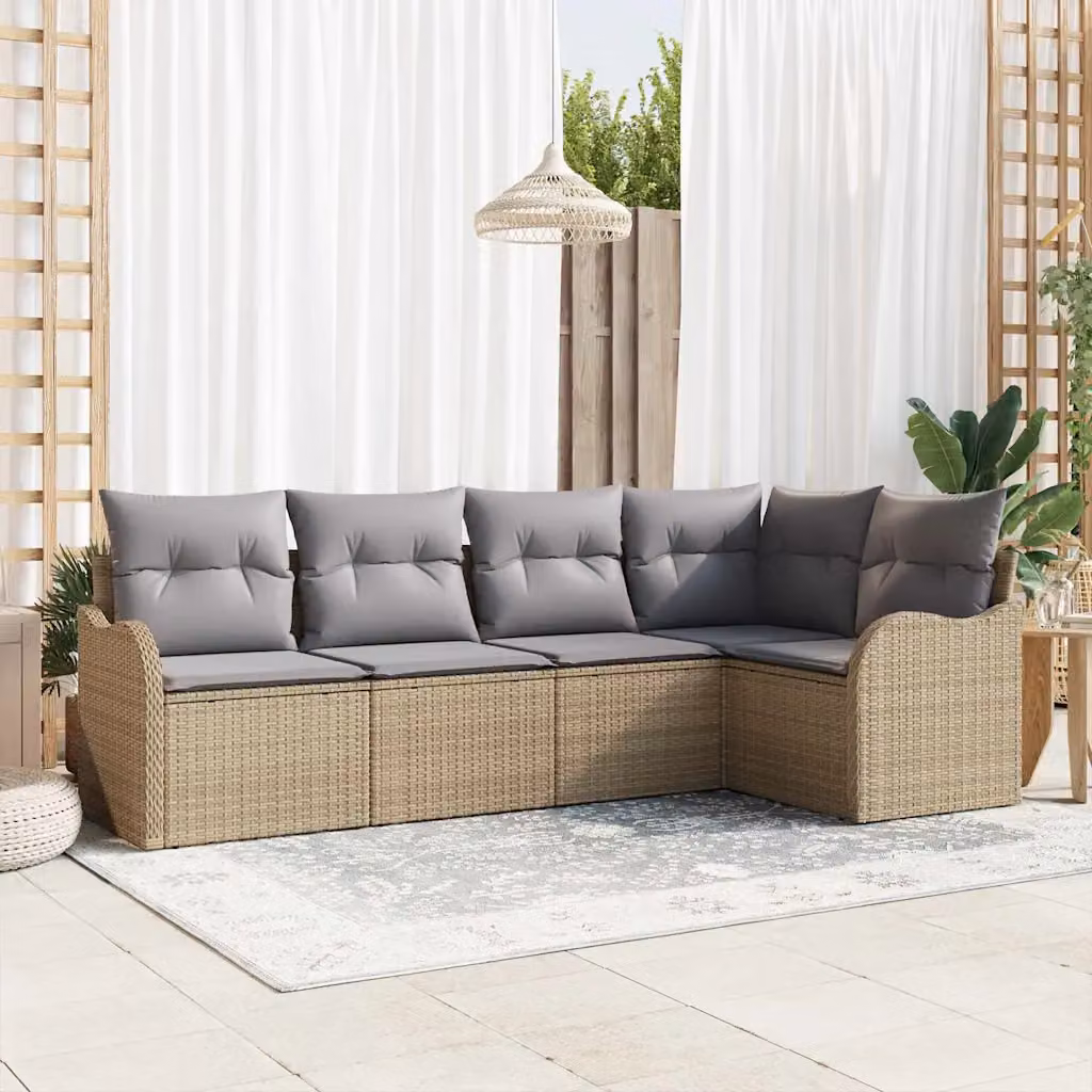 Set Divano da Giardino vidaXL 5 Pezzi Beige con Cuscini e Contenitore per Archiviazione in Polyrattan e Metallo
