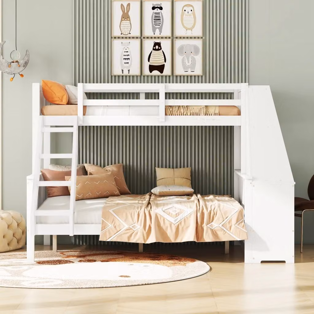 Letto a castello Chicfurn in legno e MDF bianco con scrivania, libreria e 3 cassetti, dimensioni L/P/H: 140 x 200 cm – 2