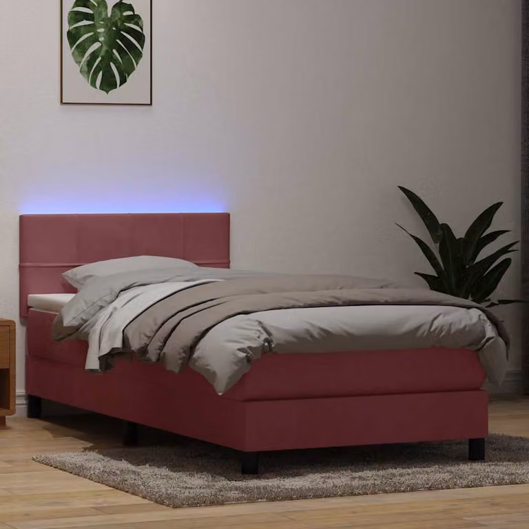 Letto a molle con materasso ibrido vidaXL in velluto rosa con illuminazione LED e porte USB L: 220 cm, P: 80 cm
