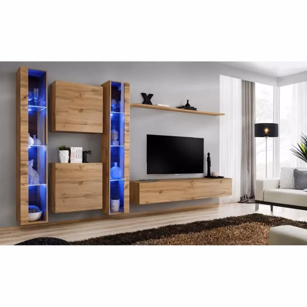 Composizione murale Meublorama SWITCH XVI in Rovere Wotan con mobile TV, vetrine LED e mensole, design moderno per soggiorno – 2