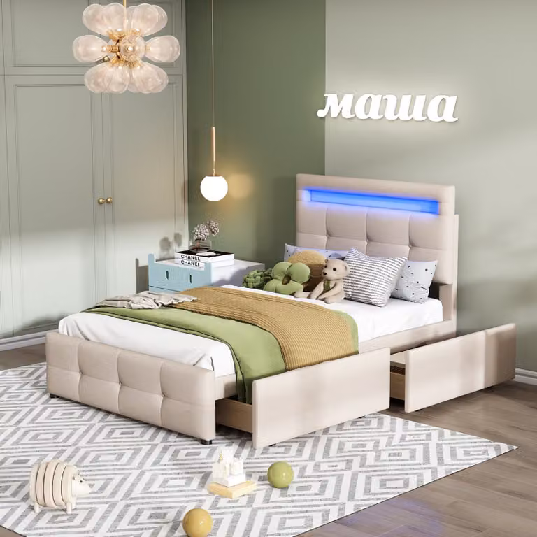 Letto imbottito Sweiko, testata regolabile con luce LED, letto singolo con 2 cassetti, biancheria, 90*200cm