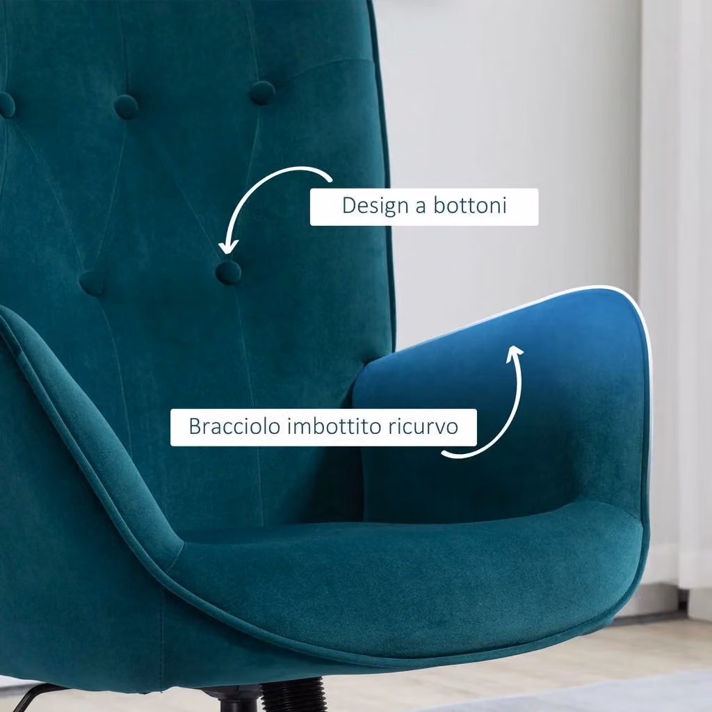 Poltrona girevole regolabile in velluto blu con braccioli per ufficio o soggiorno L: 66 cm, P: 73 cm, H: 102-111,5 cm – 2