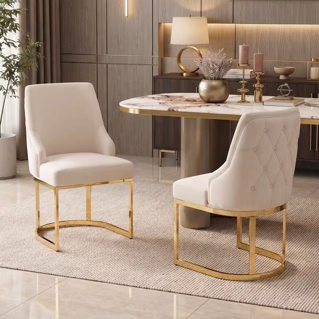 Set 2 sedie da pranzo ¨C Minimal ¨C Beige, rivestimento velluto, gambe metallo oro, stile moderno