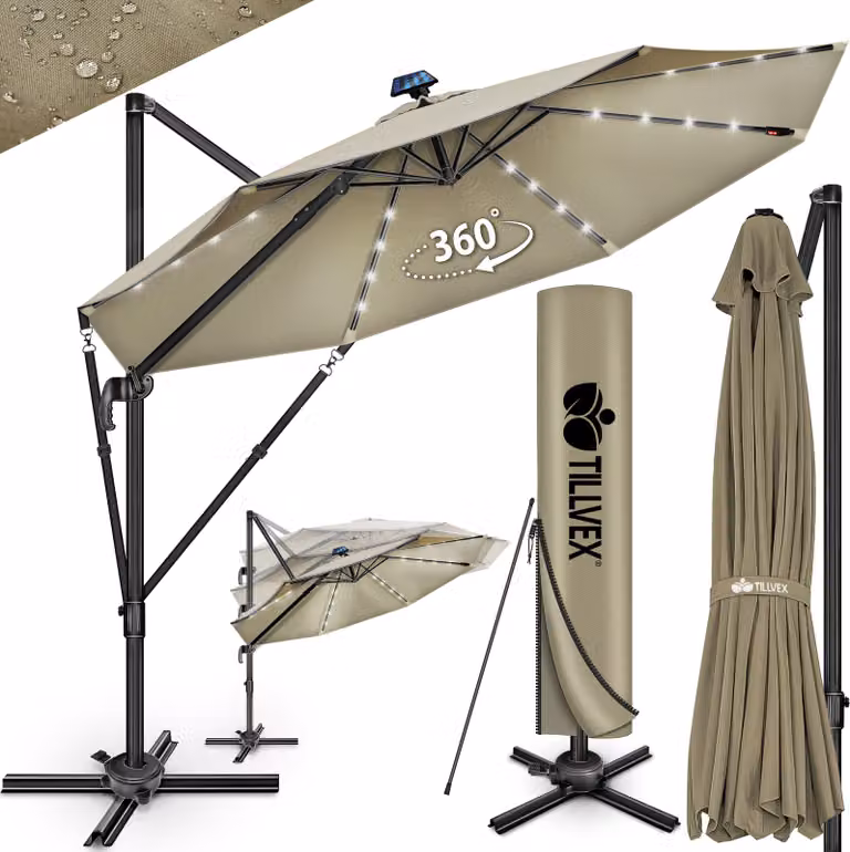 tillvex® Premium ombrellone in alluminio 330 cm marrone + copertura e protezione dal vento | ombrellone a sbalzo 6 pieghevole regolabile con manovella | ombrellone da giardino ruotabile a 360° inclinabile | ombrellone a manovella UV50+ grande impermeabile