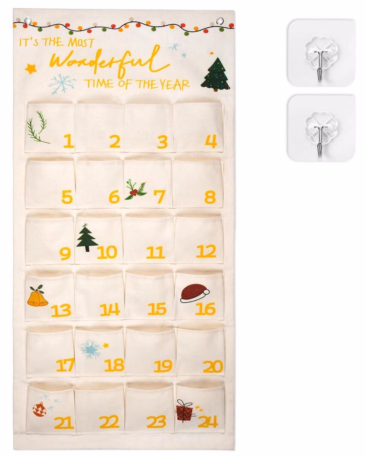 Calendario dell'Avvento in tessuto, riutilizzabile, con 24 tasche e 2 ganci, colore oro, dimensioni 102x51 cm