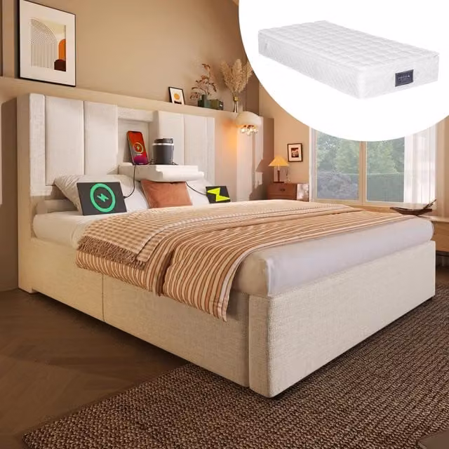 letto imbottito lino beige 90 x 200 cm