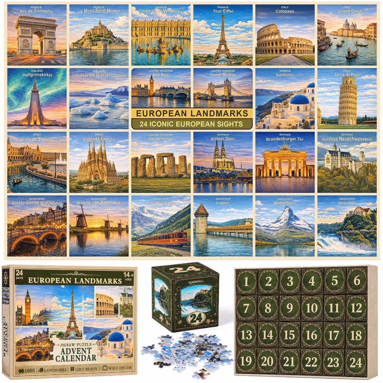 Calendario dell'Avvento con puzzle, 1008 pezzi, 24 monumenti europei, per adulti