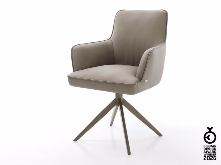 Sedia girevole DELIFE Heira-Flex con braccioli in vera pelle, base a croce larga color fango, finitura effetto titanio, rotazione a 360°, funzione oscillante, molle insacchettate