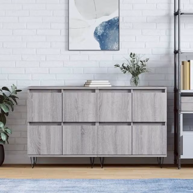 Set di 2 Credenze Buffet da pranzo in Legno Multistrato e Metallo, Colore Grigio Sonoma, L 120 cm x H 70 cm x P 35 cm