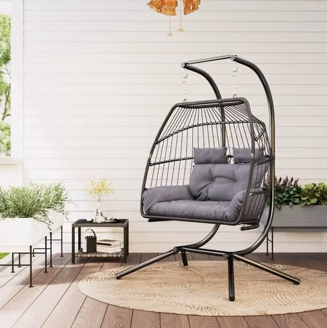 Poltrona sospesa doppia pieghevole in rattan grigio scuro con supporto; fino a 260 kg