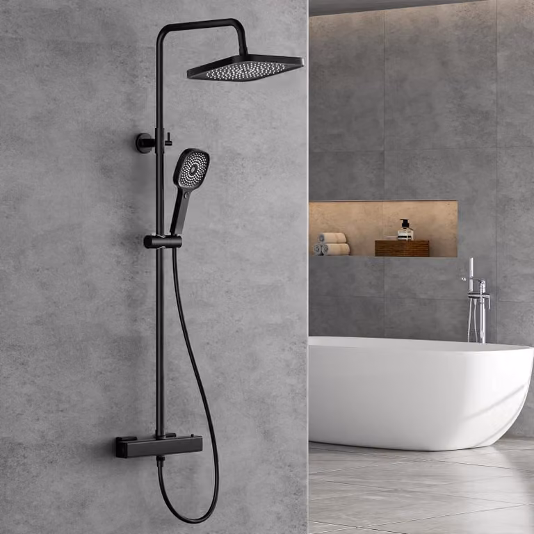 Sistema doccia con termostato, miscelatore doccia in acciaio inossidabile, set completo con soffione quadrato da 25 cm e colonna doccia regolabile in altezza da 90 a 125 cm