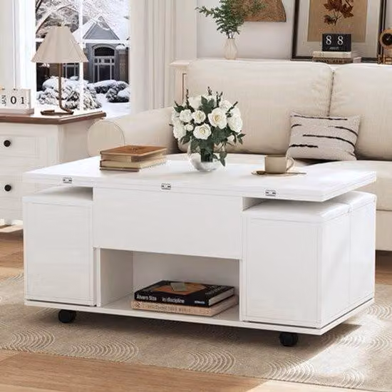 Tavolo da soggiorno triangolare – Piano del tavolo da caffè – Tavolino ausiliario – Tavolo da pranzo – Tavolo da lavoro – Bianco – Rialzabile – Grande armadio contenitore