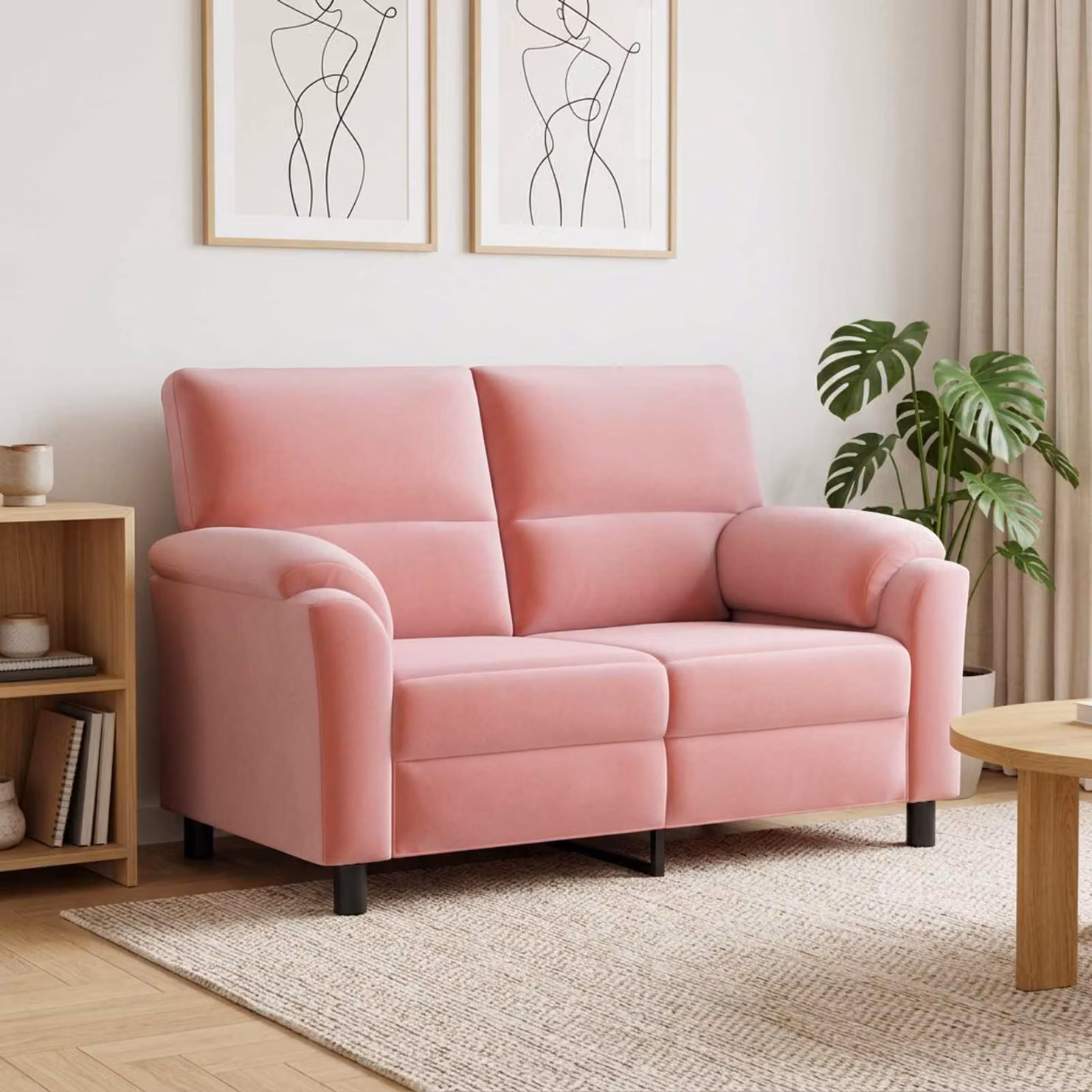 Divano moderno vidaXL in velluto rosa con struttura in metallo, L: 154 cm, P: 85 cm, H: 93 cm