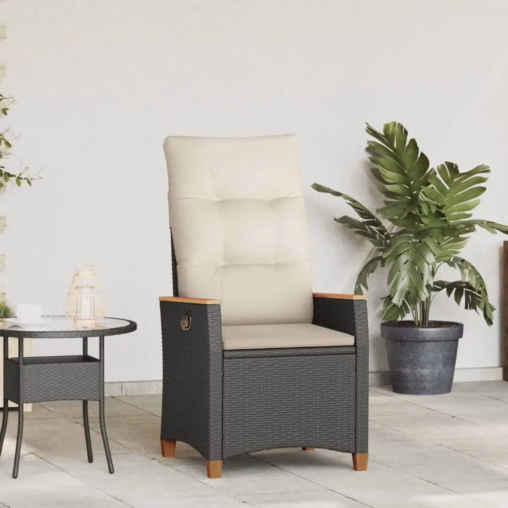 Sedia da giardino moderna in legno di acacia con design in rattan, colori nero e beige, L: 64 cm, P: 57,5 cm, H: 112 cm – 2