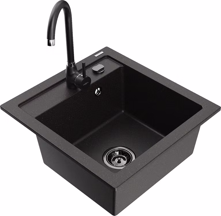 Mexen Vito lavello in granito a 1 vasca con rubinetto da cucina Telma, nero/oro metallizzato - 6503-75-670200-70-B