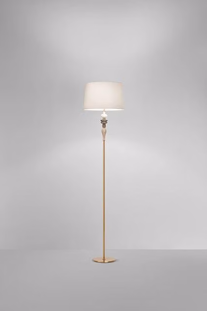 Piantana in Metallo Ottone Spazzolato e Ceramica Multicolor, Paralume Avana, H 170 cm, 1x E27, Stile Classico ed Elegante - Perenz