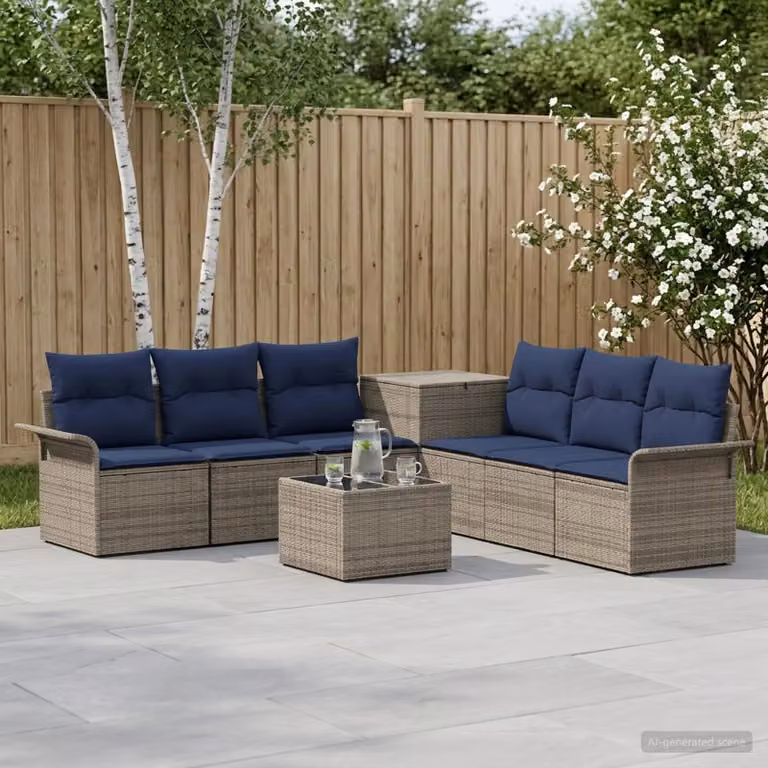 Set di divani da giardino vidaXL a forma di U composto da 8 pezzi in rattan sintetico e acciaio con cuscini in tessuto Grigio e Blu Navy